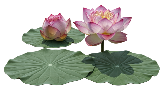 Isolated pair of pink lotus blossoms with lily pads showing natural elegance and beauty