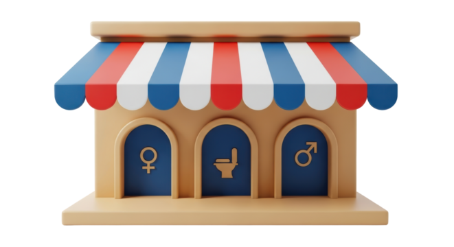 Isolated restroom 3D illustration, signage for toilet, mens, women, universal access, unisex
