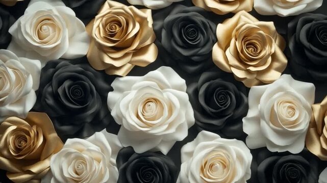 Stunning visual of black, white, and gold roses. Ideal for floral themed projects and artistic inspiration. A captivating asset for anyone in need of elegance. Generative AI