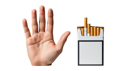 Isolated pack of cigarettes with hand gesture symbolizes a bad health habit to quit
