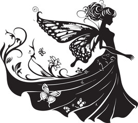 Elegant black vector silhouette of a fairy with delicate wings, perfect for fantasy-themed designs