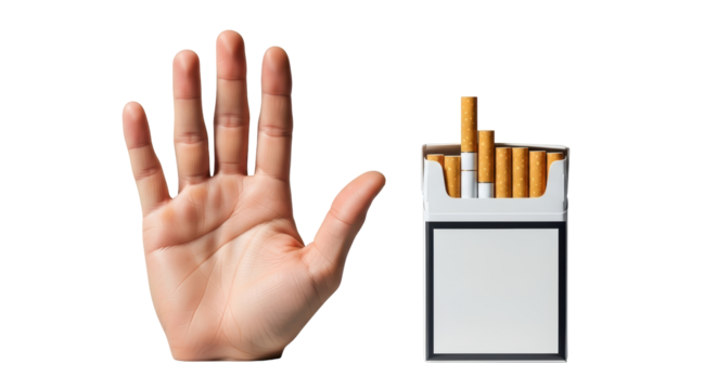Isolated pack of cigarettes with hand gesture symbolizes a bad health habit to quit
