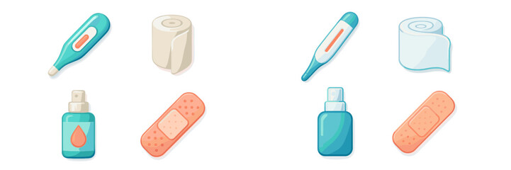 Assortment of essential first aid and medical supplies including thermometers, bandages, and antiseptic spray bottles for health care and emergency treatment