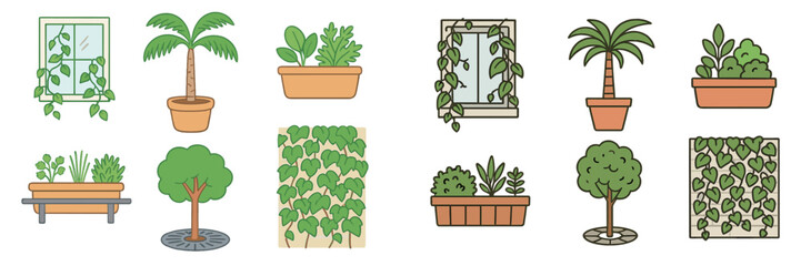 Collection of diverse potted plants, outdoor trees, and climbing vines for home and garden decoration, including window boxes and wall ivy © icon_art