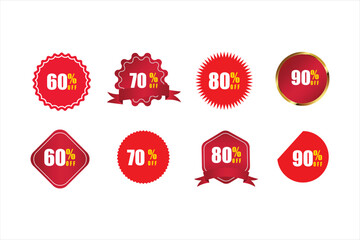 Red discount sale badges with percentage offer labels 60% 70% 80% 90% off promotion stickers, clearance tag, special price coupon emblem, and marketing design vector