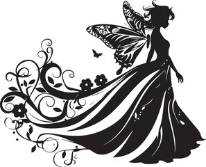 Elegant black vector silhouette of a fairy with delicate wings, perfect for fantasy-themed designs