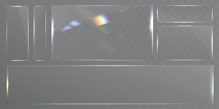 Transparent glass panels set with light glare rainbow reflection vector template for banner ui design.
