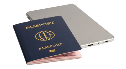 Isolated Passport on top of Silver Smartphone in Studio Lighting with no background around