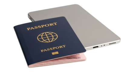 Isolated Passport on top of Silver Smartphone in Studio Lighting with no background around