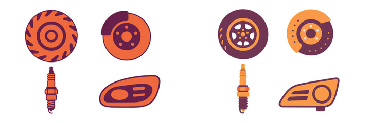 Collection of essential automotive parts including wheels, brake discs, spark plugs, and headlights for vehicle repair and service