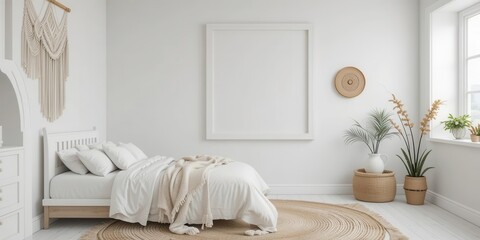 Eclectic Bedroom Interior Mockup  A White Frame Hangs in a Bohemian Style Room, Adding a Touch of Artistic Flair