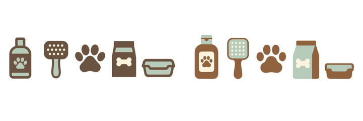 Various pet care accessories and supplies including shampoo, grooming brush, food bag, paw print, and litter box for domestic animals