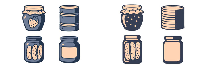 Assortment of food preservation jars and cans with jam, pickles, and blank labels for kitchen pantry organization