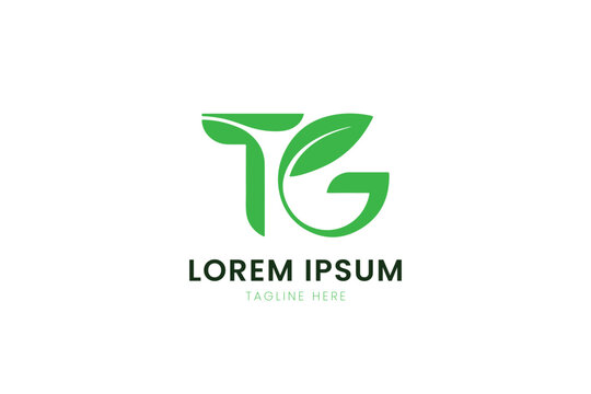 Modern minimalist green tg logo design with leaf elements for organic and eco-friendly brands
