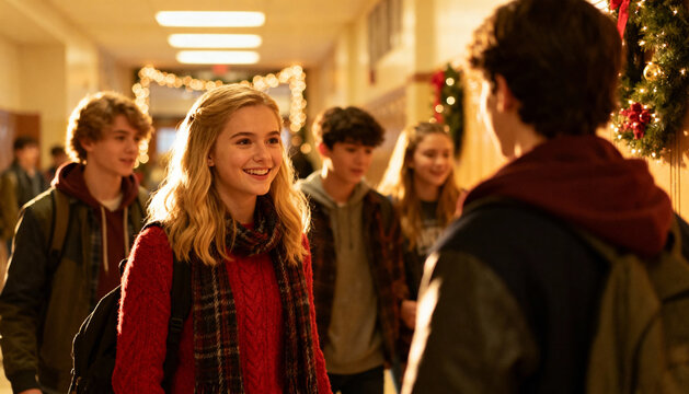 Diverse group of Gen Z high school students talking in a hallway decorated for Christmas. Happy teenage friends smiling and socializing. Concept of youth, education, and lifestyle.
