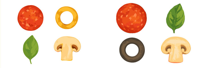 Assortment of fresh pizza ingredients including pepperoni slices, whole and sliced mushrooms, black olives, and vibrant green basil leaves