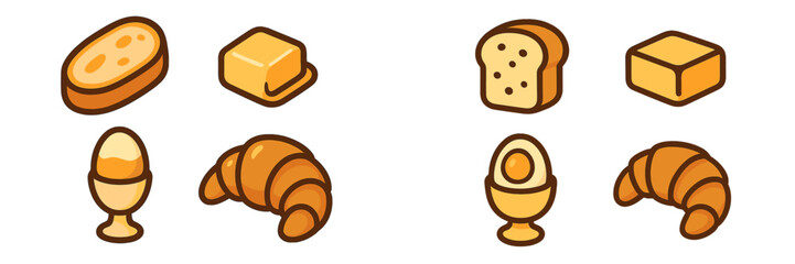 Variety of breakfast foods including toast, butter, boiled egg, and croissant for morning meal themes