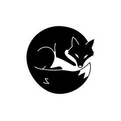 Obraz premium Black fox silhouette curled in a circle with minimalist nature design, logo, and icon.