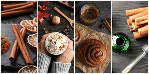 Cinnamon oil, powder and sticks. Collage of pictures