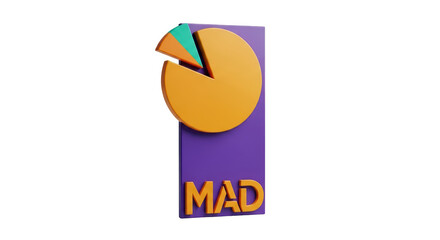 Isolated MAD symbol on purple, 3D business chart with missing slices representing market share