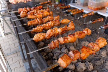 A large outdoor grill with many skewers of juicy, freshly grilled shashlik meat cooking over hot coals.