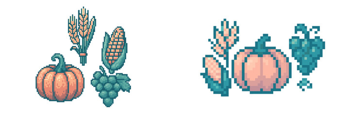 Autumn harvest pixel art elements featuring pumpkin, wheat, corn, and grapes for seasonal designs and retro gaming themes