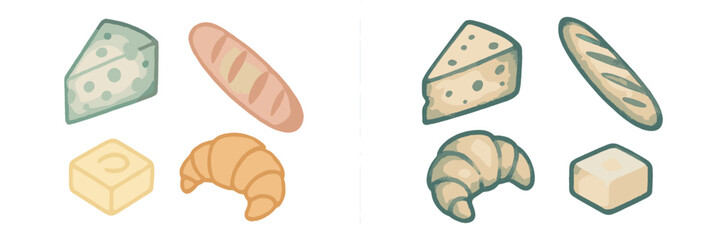 Classic French breakfast items including cheese, baguette, butter, and croissant for a delicious morning meal