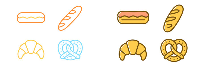 Delicious baked goods and pastries assortment with baguette, croissant, pretzel, and eclair