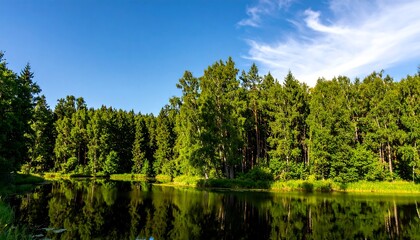 Tranquil Forest with Clear Blue Sky and Calm Water Reflecting Trees and Sky