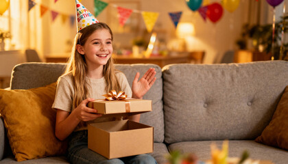 Happy surprised preteen child girl on birthday party opening a gift. Excited kid in festive hat receives a present. Concept of childhood joy, family celebration, surprise moment.