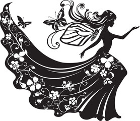 Elegant black vector silhouette of a fairy with delicate wings, perfect for fantasy-themed designs