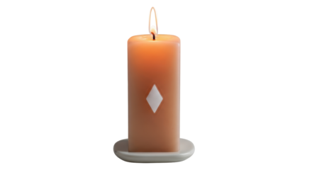 Isolated orange candle with diamond pattern sitting on a round candleholder, burning wick