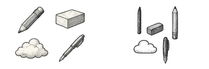 Artistic hand-drawn sketch style icons of office supplies including pencil, pen, and eraser with a cloud