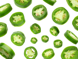 Jalapeno pepper pieces Swirling in air against white background