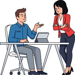 Business meeting, man and woman discussing project, office teamwork, corporate communication, workplace collaboration, cartoon vector illustration, professional working environment