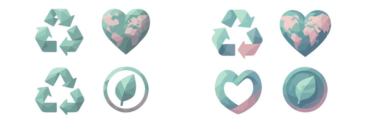 Low poly environmental icons set with recycling symbols, heart globe, and leaf for sustainability concepts