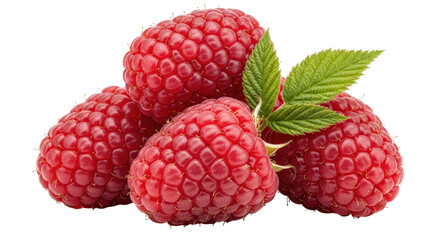 Isolated pile of fresh ripe red raspberries fruit with green leaves on transparent surface