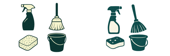 Essential household cleaning supplies set including spray bottle broom sponge and bucket for domestic chores and sanitation