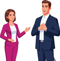 Business People Talking, Man and Woman in Formal Suit, Corporate Communication, Office Team Discussion, Professional Interaction, Friendly Workplace Environment