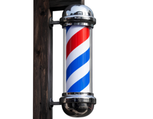 Traditional barber pole with red white and blue stripes isolated on a transparent background.