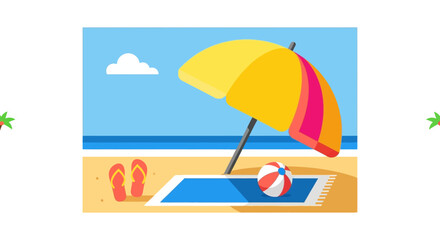 Vibrant Beach Scene with Umbrella, Towel, Ball, and Flip-Flops.