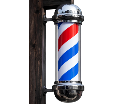 Traditional barber pole with red white and blue stripes isolated on a transparent background.