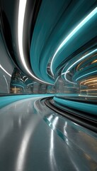 Fototapeta premium Abstract swirling teal and grey futuristic tunnel with glowing neon lights, reflective surfaces, and a sense of depth and movement