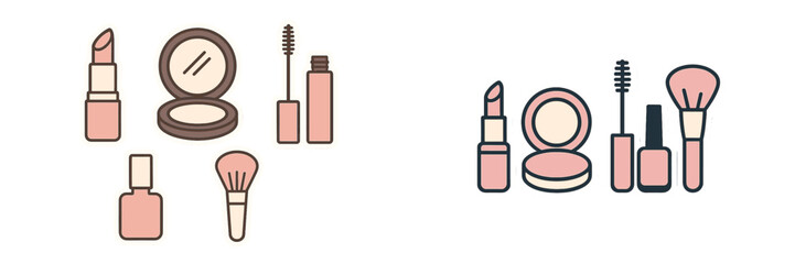 Modern collection of essential beauty products and makeup tools including lipstick, mascara, compact powder, and brush