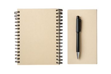 Two notebooks, one open, one closed, with a pen