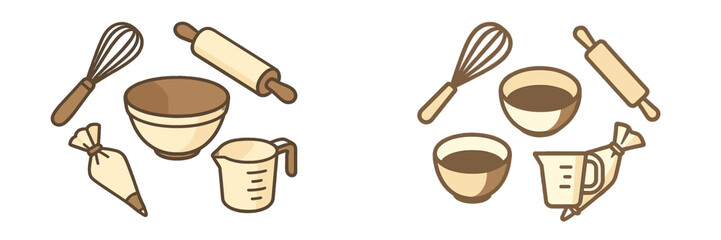 Assortment of essential baking tools and kitchen utensils for home cooking and professional pastry preparation