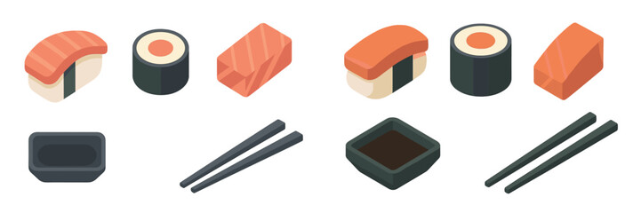 Isometric Japanese sushi collection with salmon nigiri, maki rolls, raw fish, soy sauce, and chopsticks on white background © icon_art