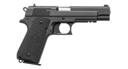 Isolated Pistol Firearm on Plain Backdrop, 1911 Style Handgun, Metal Weapon for Shooting Range