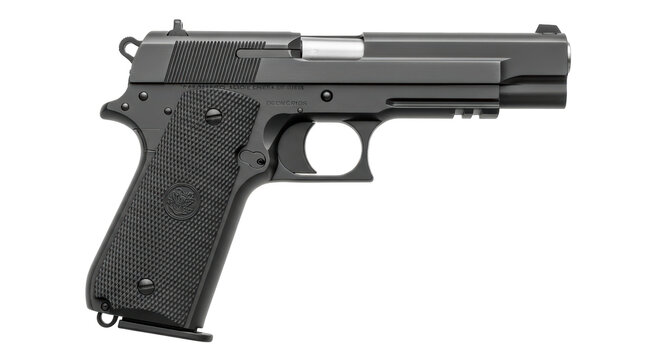 Isolated Pistol Firearm on Plain Backdrop, 1911 Style Handgun, Metal Weapon for Shooting Range