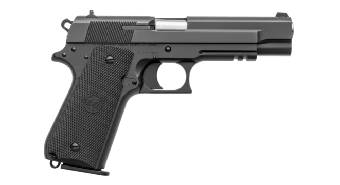 Isolated Pistol Firearm on Plain Backdrop, 1911 Style Handgun, Metal Weapon for Shooting Range